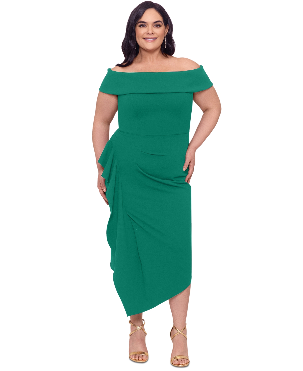 Plus Size Off-The-Shoulder Side-Drape Midi Dress - Green