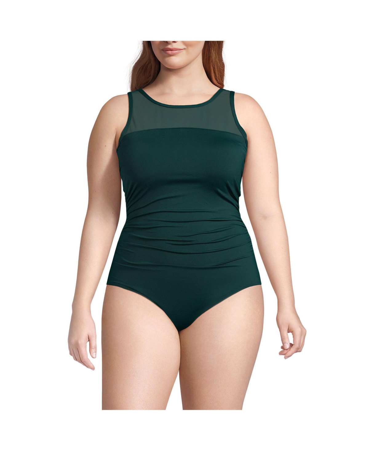 Plus Size Chlorine Resistant Smoothing Control Mesh High Neck One Piece Swimsuit - Deep balsam