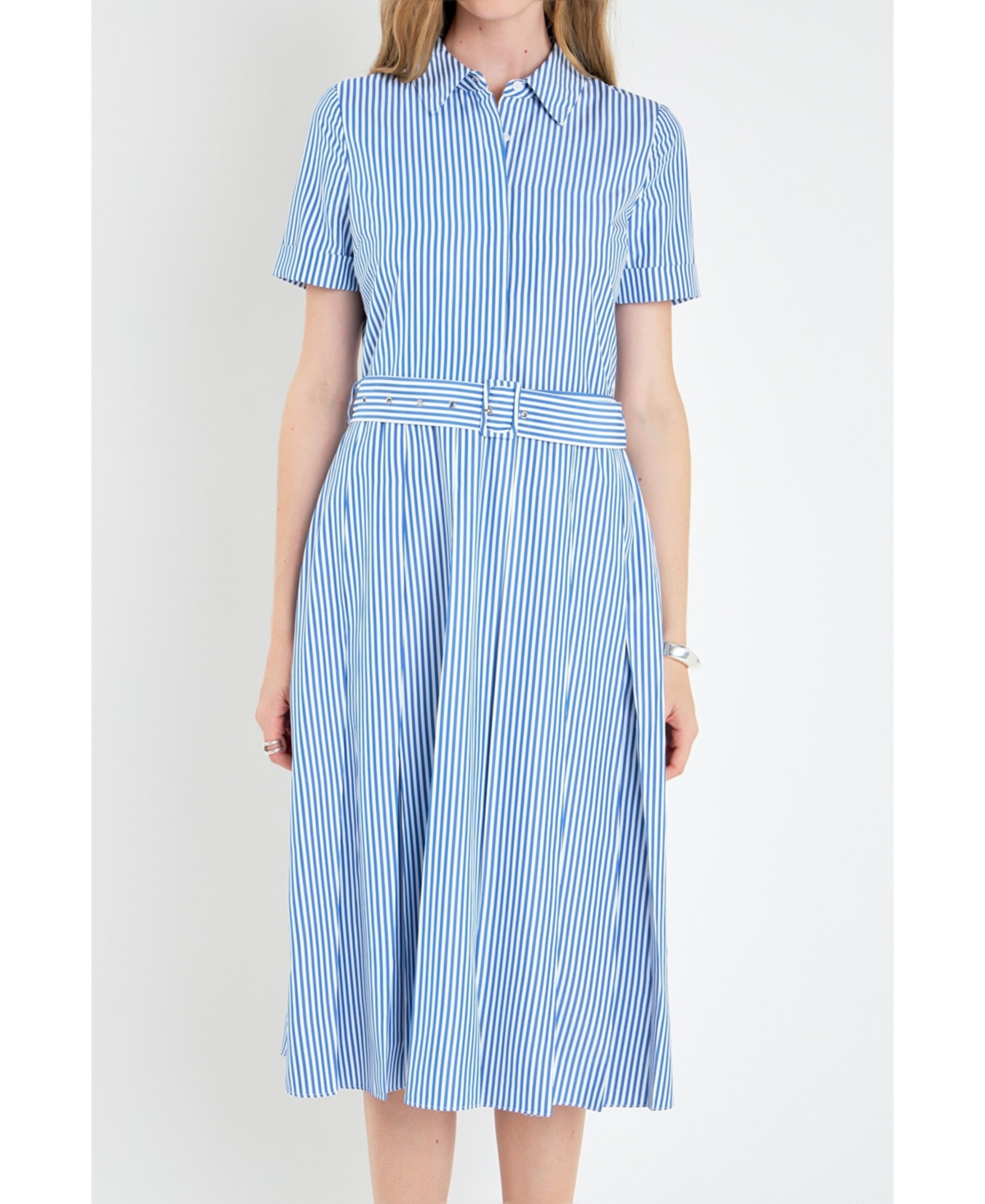 Women's Striped Belted Midi Dress - Blue