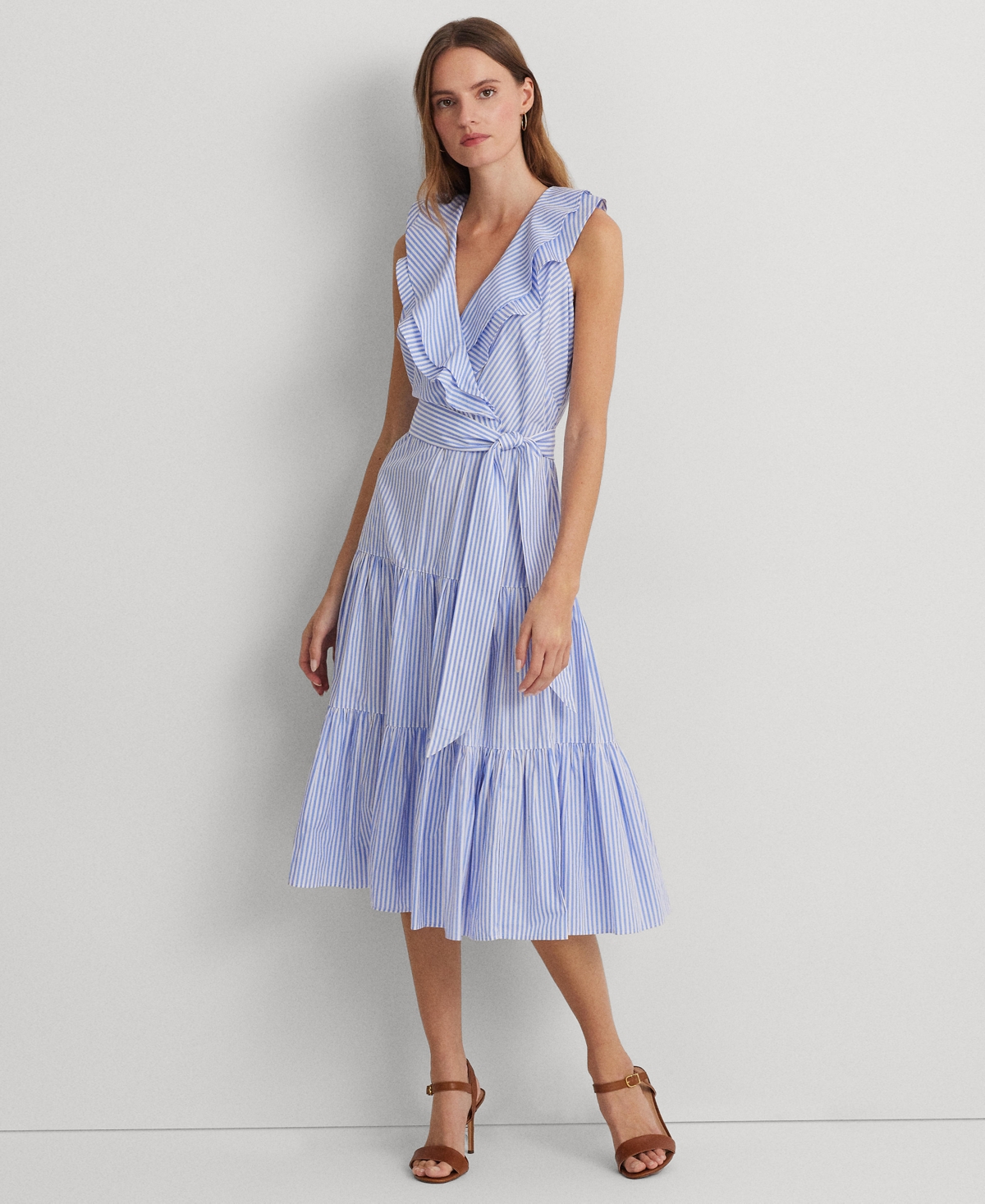 Women's Striped Cotton Broadcloth Surplice Dress - Blue/White