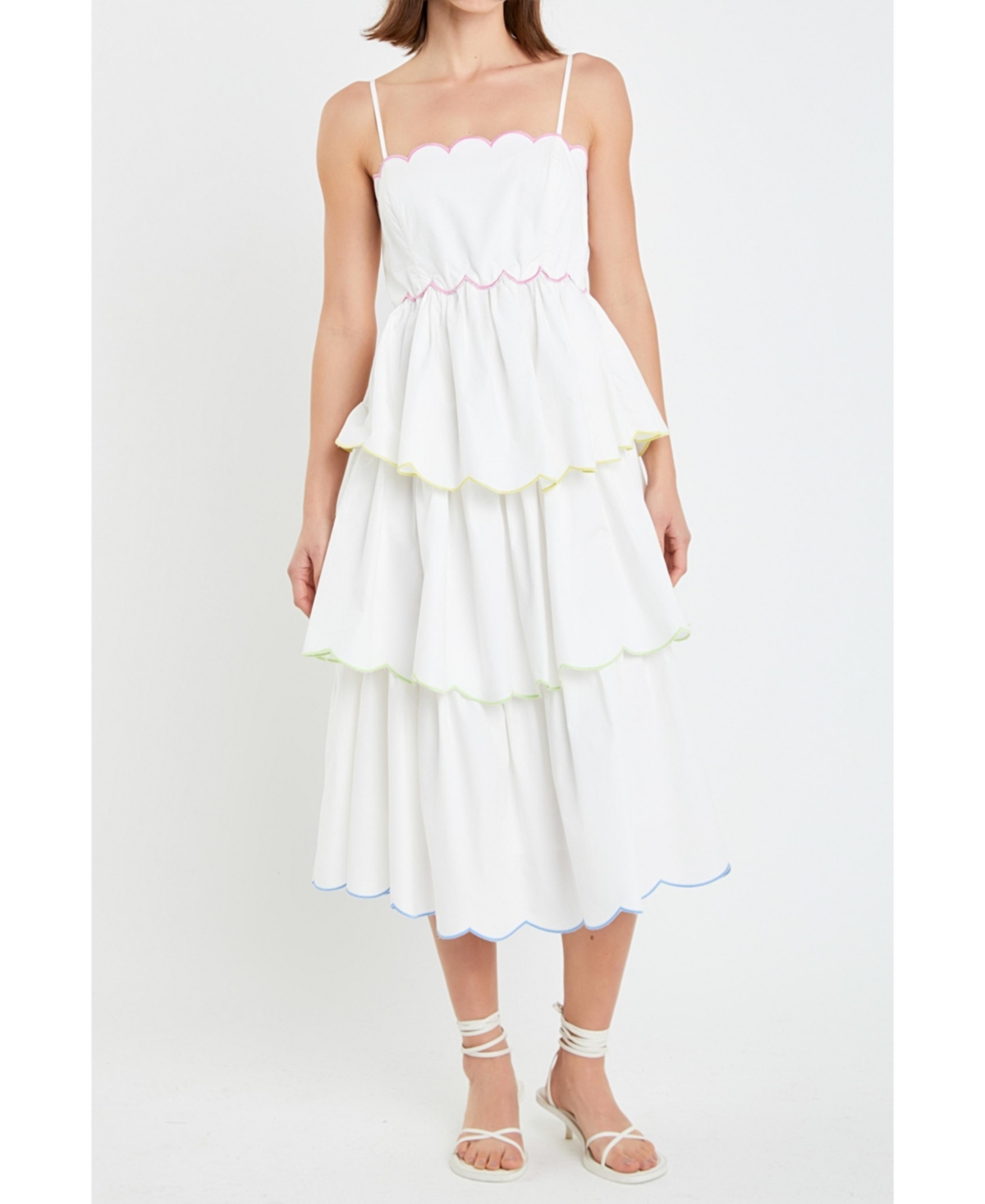 Women's Scallop Sleeveless Tiered Dress - White
