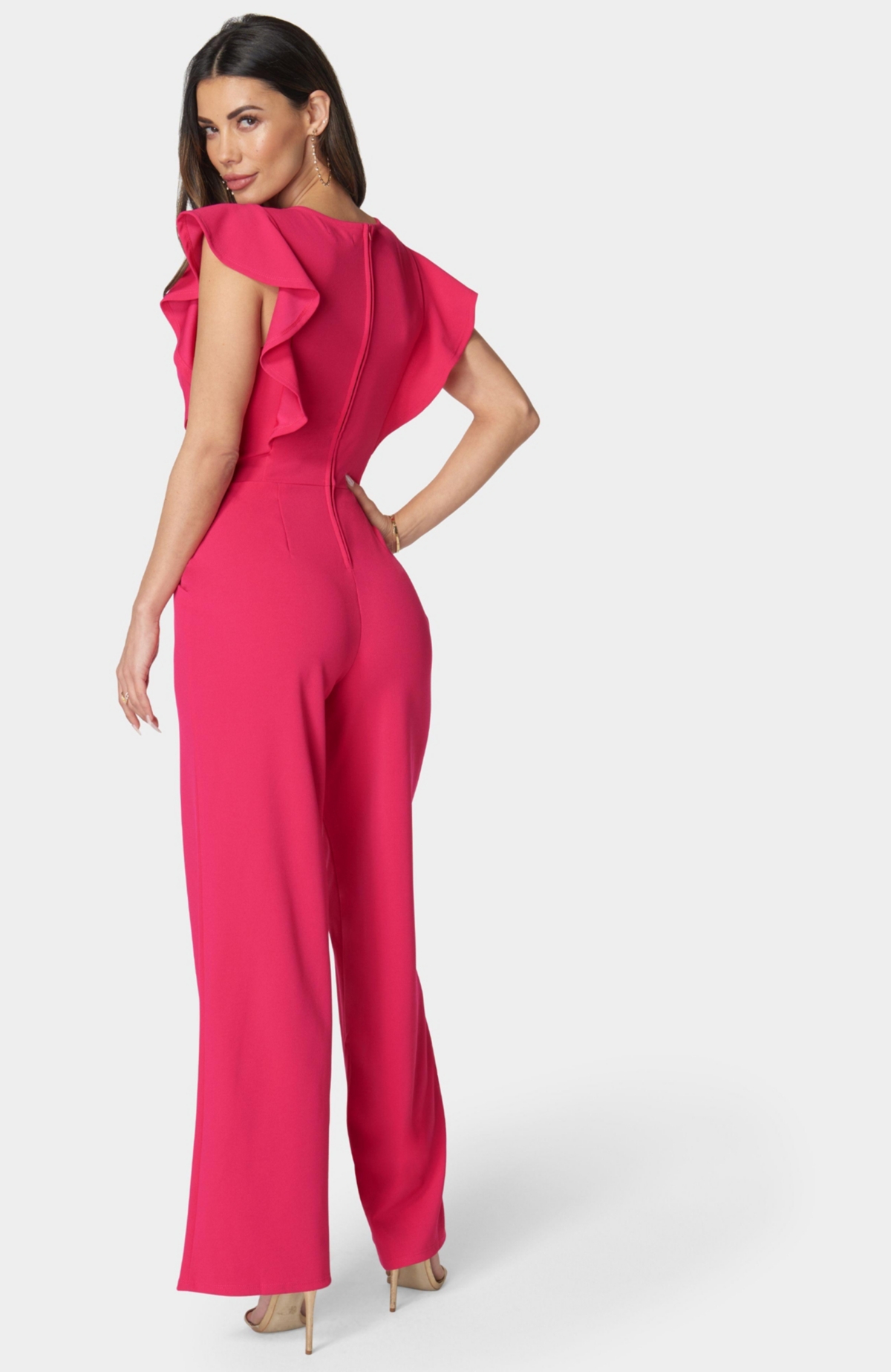 Bebe Women's Scuba Crepe Jumpsuit With Ruffle Sleeve