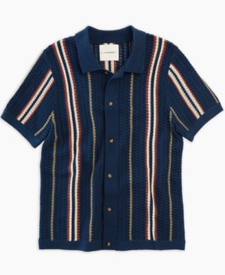 Lucky Brand Men's Short Sleeve Striped Button Down Sweater Shirt