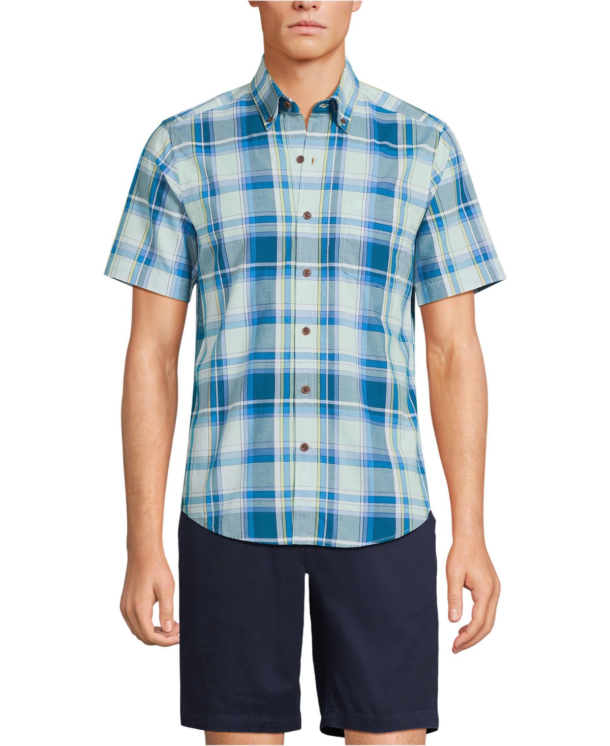 Lands' End Men's Traditional Fit Short Sleeve Madras Shirt -green plaid