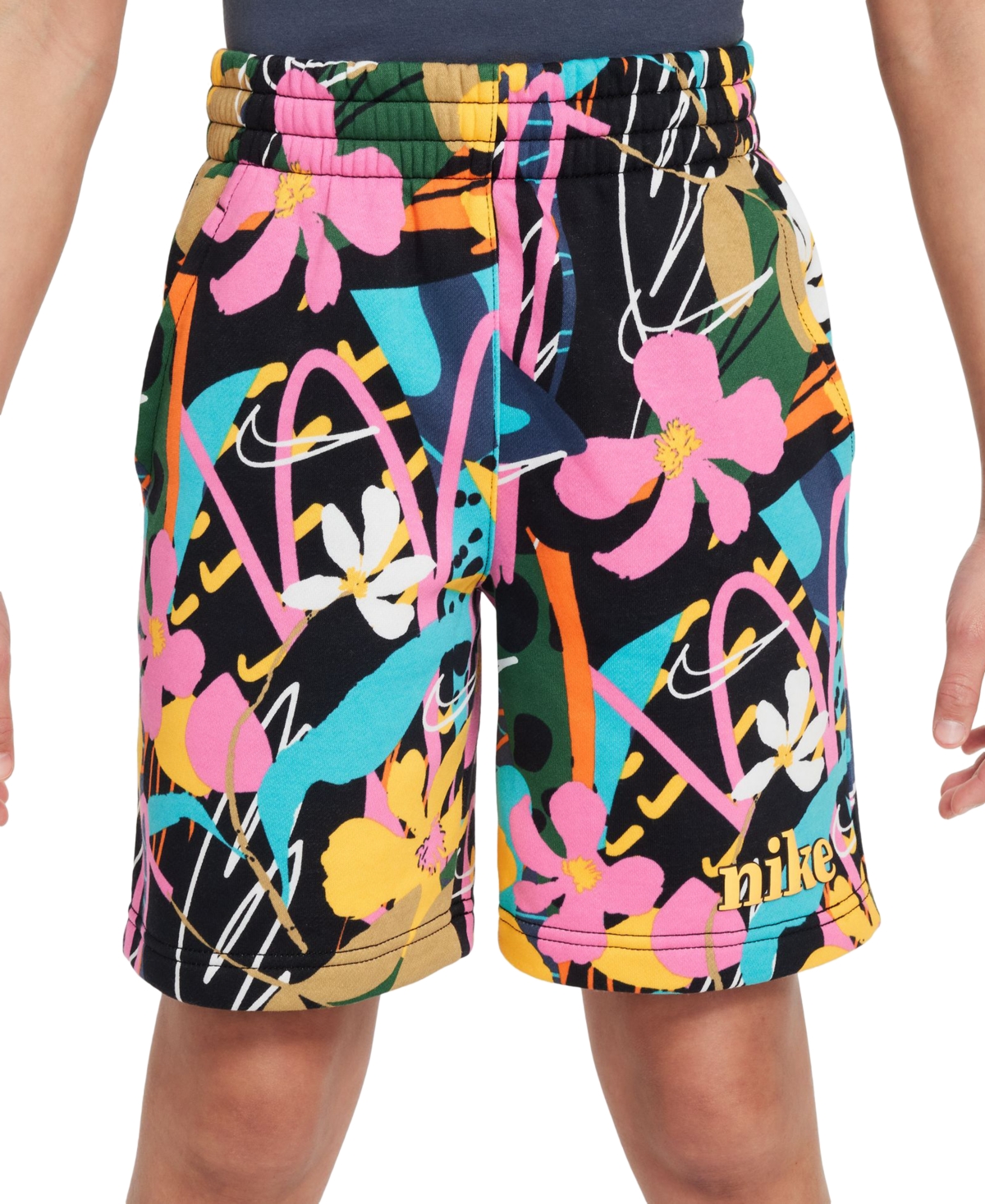 Shop Nike Big Kids Sportswear Printed Club Fleece Shorts In Black,dusty Cactus,racer Pink