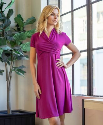 Short Sleeve Knee Length V Neck Rouched Wrap Dress