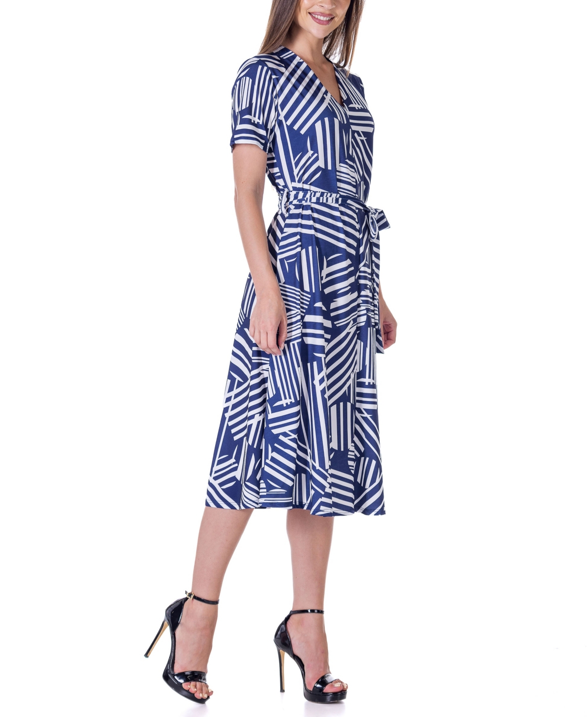 Shop 24seven Comfort Apparel Print Short Sleeve Tie Waist Midi Dress In Miscellane