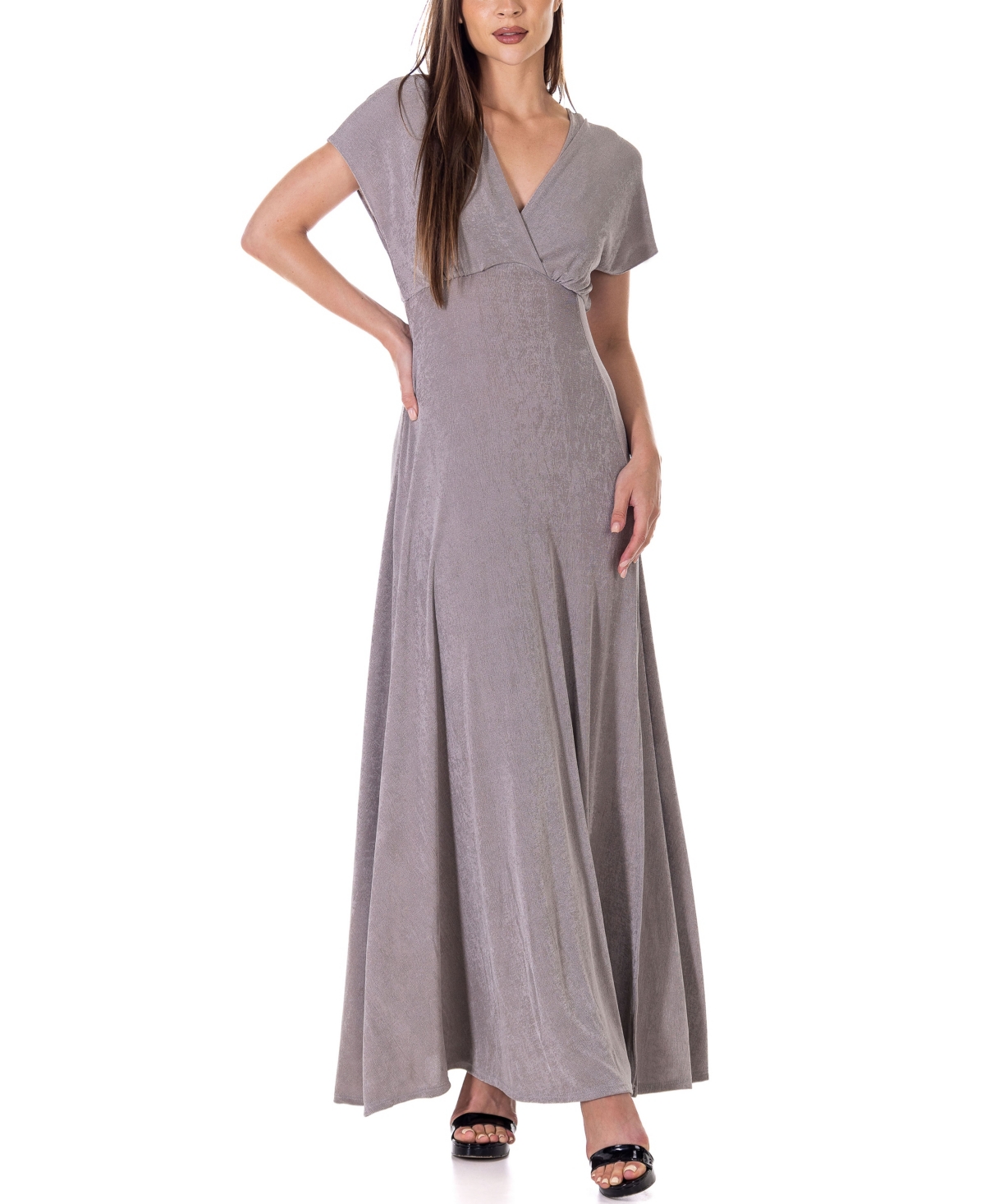 Shop 24seven Comfort Apparel Flutter Sleeve Metallic Knit Maxi Dress In Grey