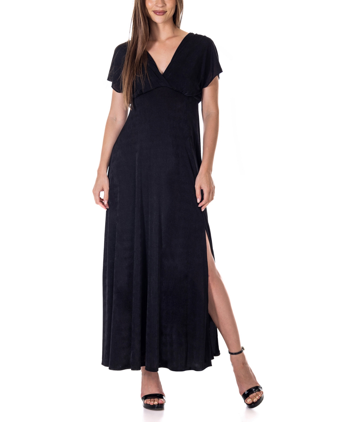 Shop 24seven Comfort Apparel Flutter Sleeve Metallic Knit Maxi Dress In Black