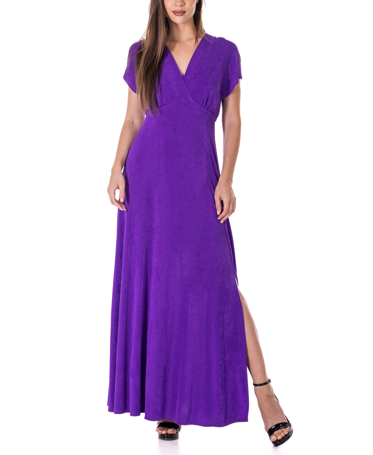 Shop 24seven Comfort Apparel Flutter Sleeve Metallic Knit Maxi Dress In Purple