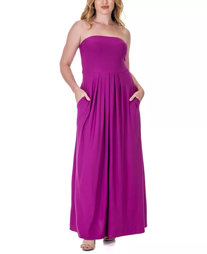 Pleated A Line Strapless Maxi Pocket Dress