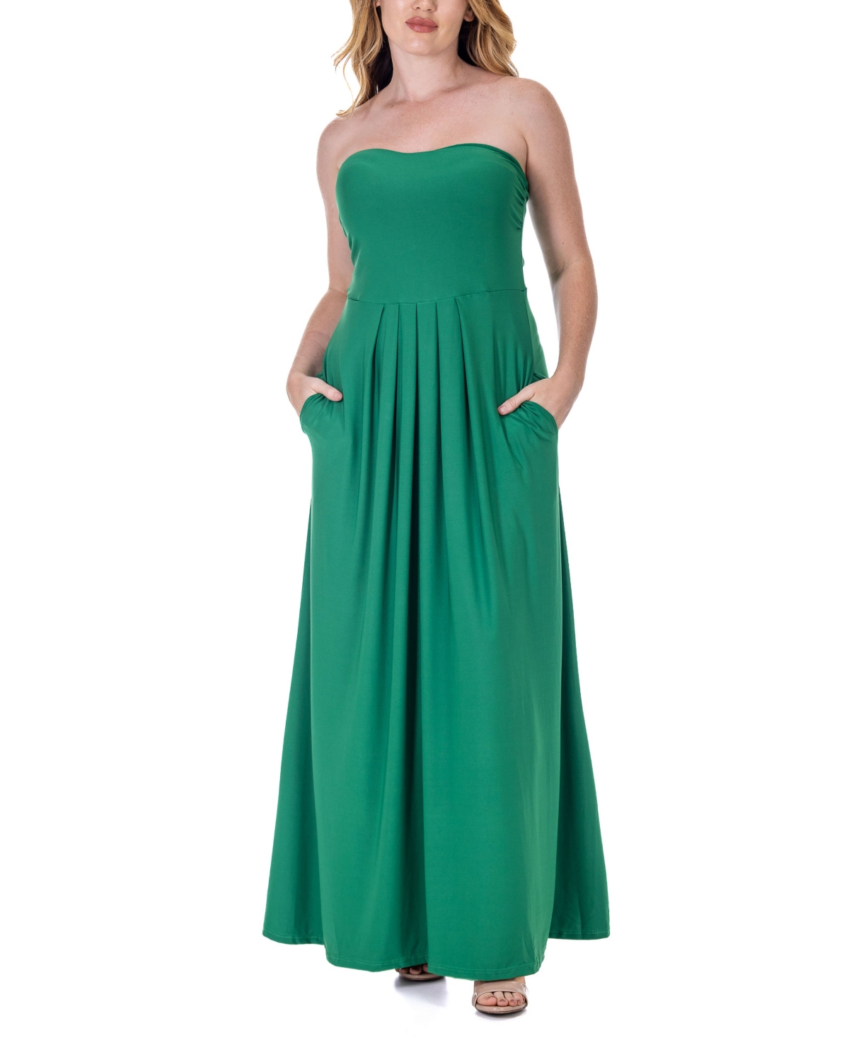Shop 24seven Comfort Apparel Pleated A Line Strapless Maxi Pocket Dress In Green