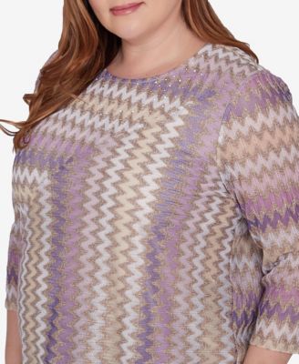 Alfred Dunner Plus Size Charm School Sparkling Zig Zag Stripe Top