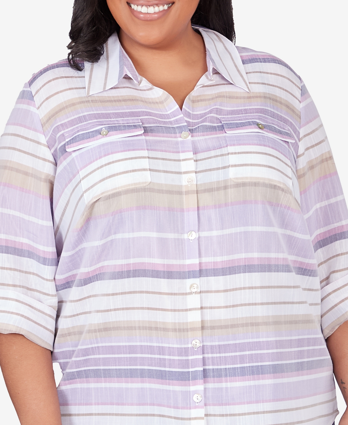 Shop Alfred Dunner Plus Size Charm School Horizontal Stripe Button Down Top In Iris