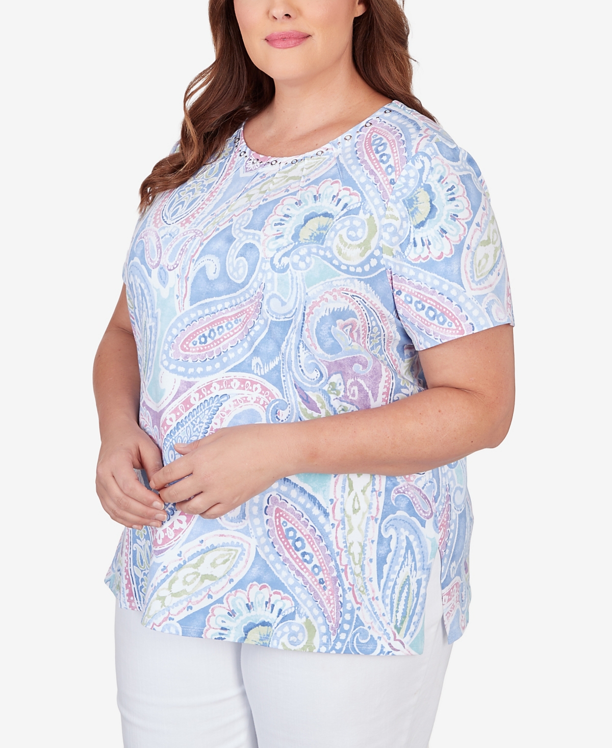 Shop Alfred Dunner Plus Size Pleated Crew Neck Paisley Short Sleeve Tee In Pastel