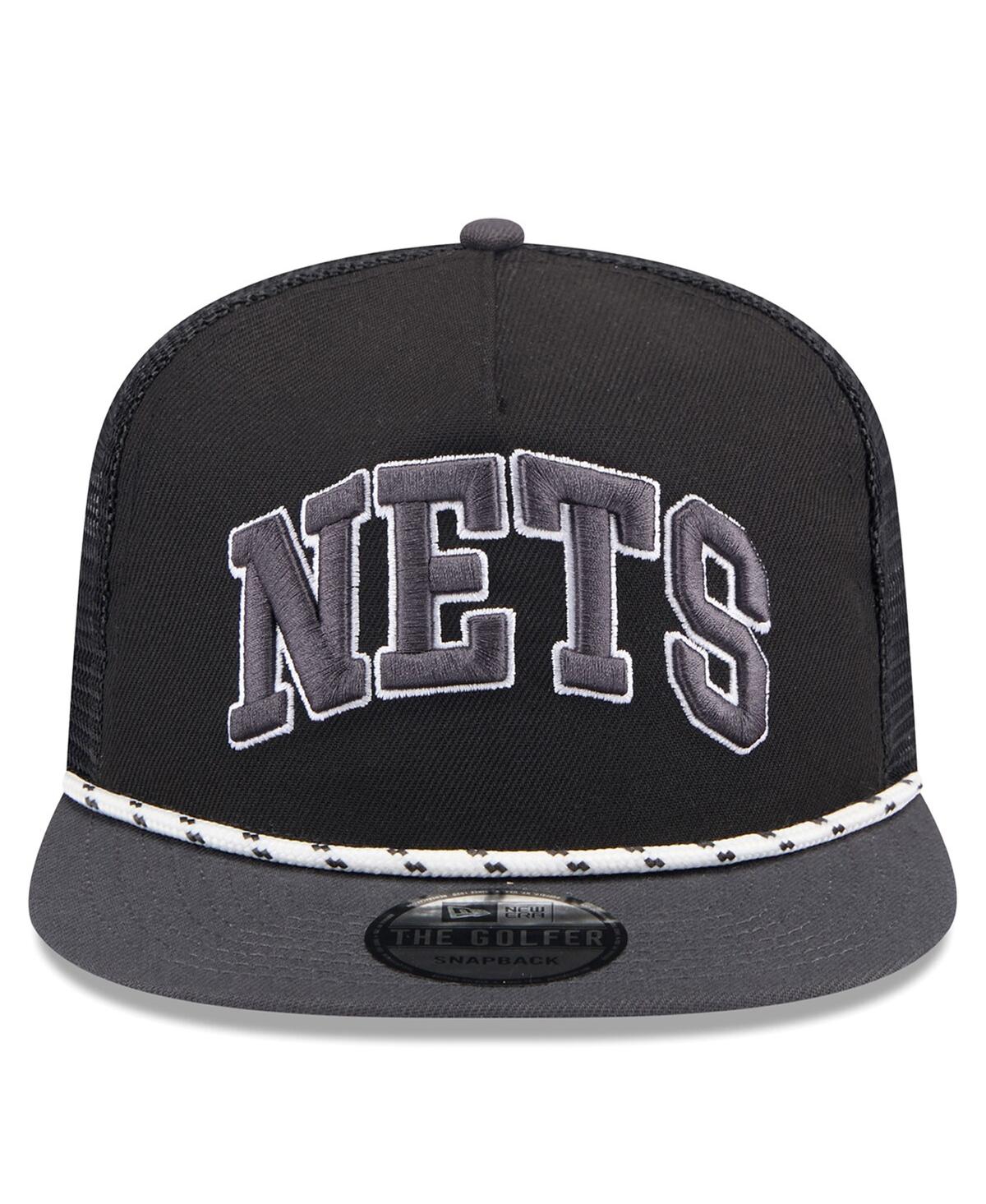 New Era Men's Black/Charcoal Brooklyn Nets Throwback Team Arch Golfer Snapback Hat