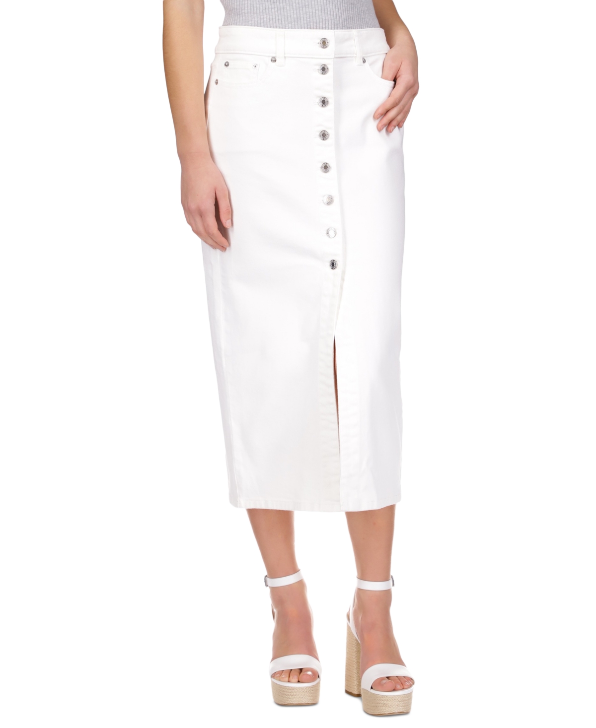 Shop Michael Kors Michael  Women's Stretch-denim Button Midi Skirt In Optic White