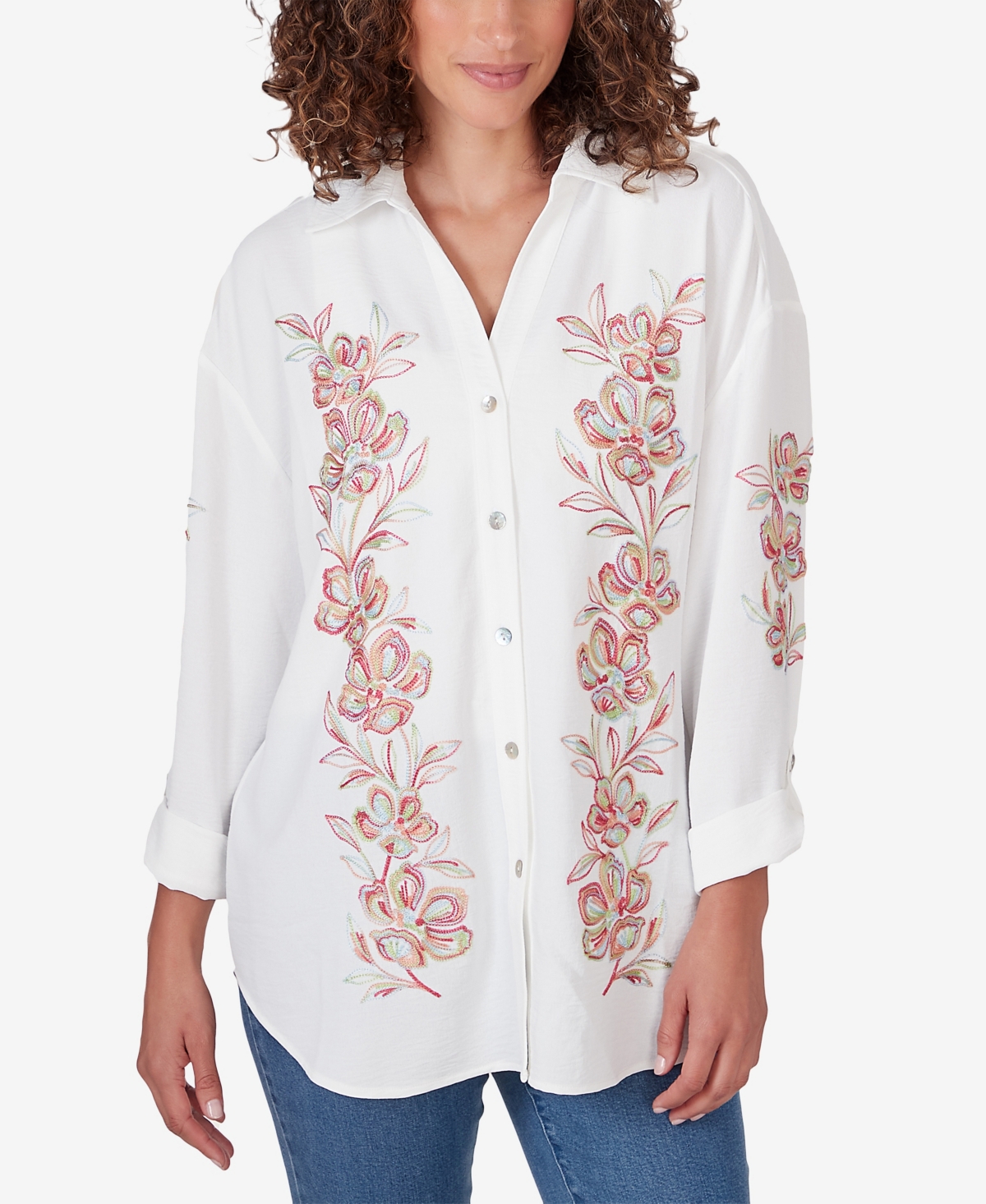 Petite Embroidered Crepe Button Front Top - White