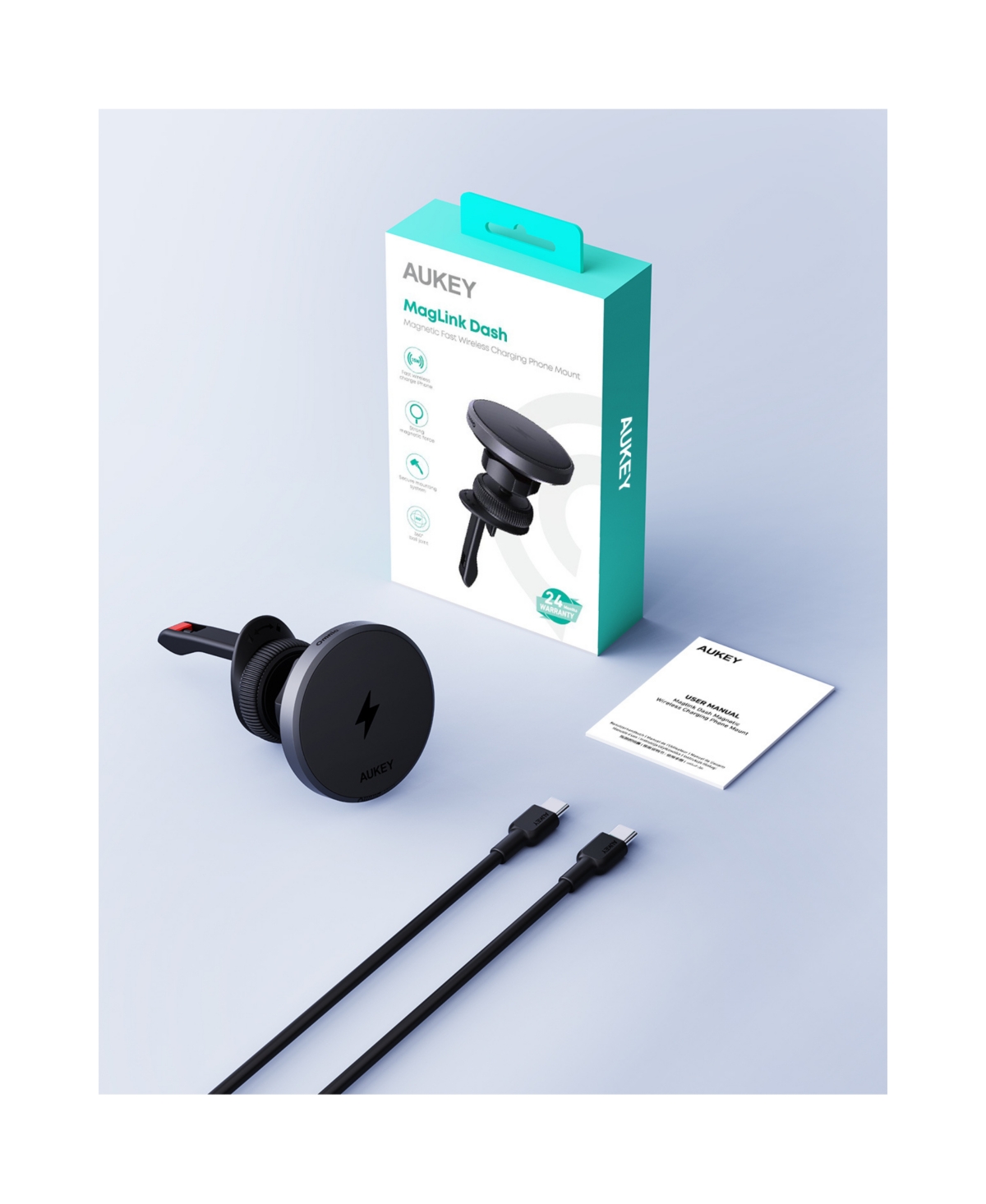 Aukey Hd-MC13 MagFusion Dash Qi2 Certified 1m Magnetic Fast Wireless Charging Phone Mount Usb C-c Cable Included