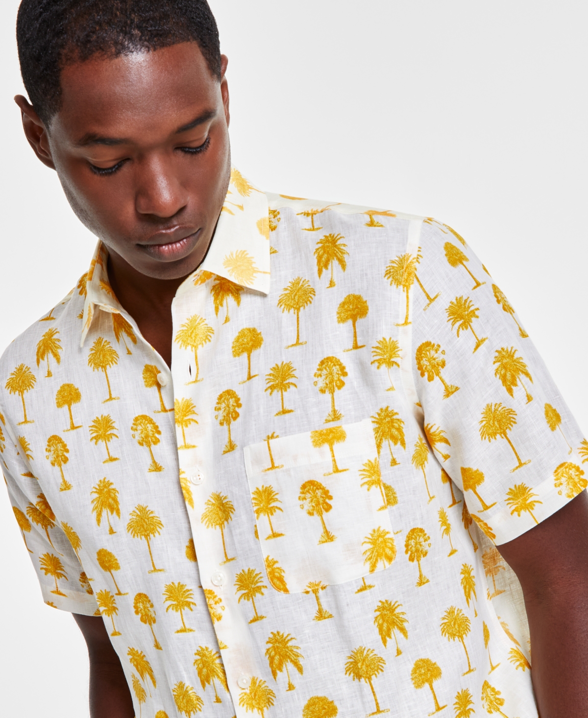 Club Room Men's Morocco Short Sleeve Palm Print Button-front Linen Shirt, Created For Macy's In Golden Glow