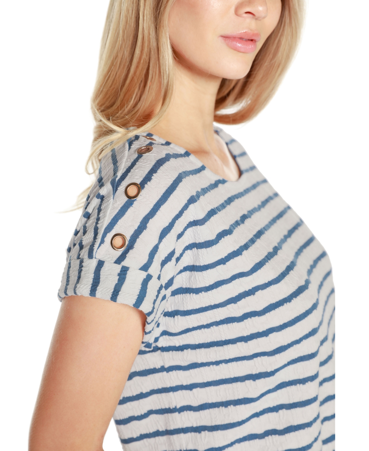 Shop Belldini Women's Grommet Detailed Printed Stripe Top In White Combo