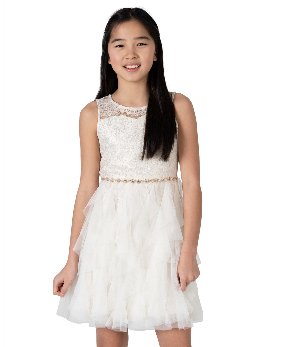 Shop Rare Editions Big Girls Foil Lace Cascade Social Dress In Ivory