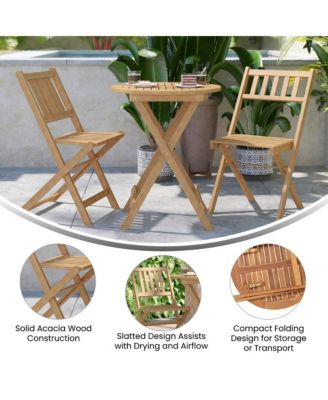 Stora Three Piece Solid Acacia Wood Folding Patio Bistro Set With Lightweight Round Table And Two Chairs