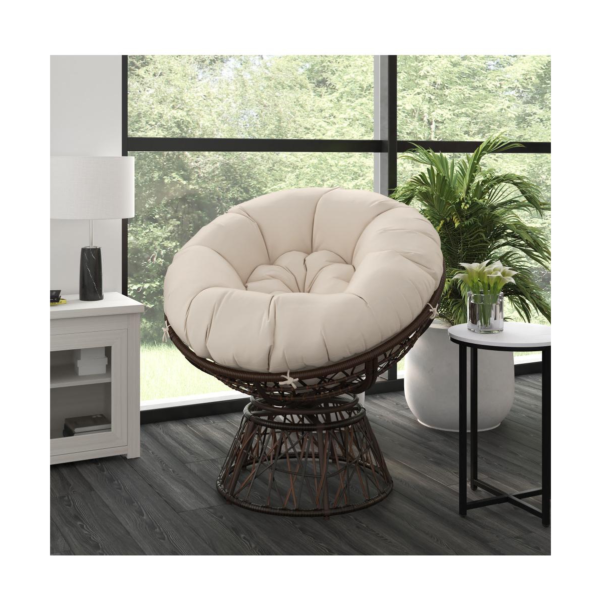 Papasan Style Woven Wicker Swivel Patio Chair With Removable All-Weather Cushion -beige