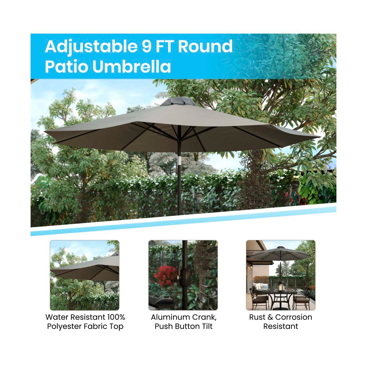 Forrest Five Piece Faux Teak Patio Dining Set - Table, Two Armless Stacking Club Chairs,Umbrella And Base - Gray