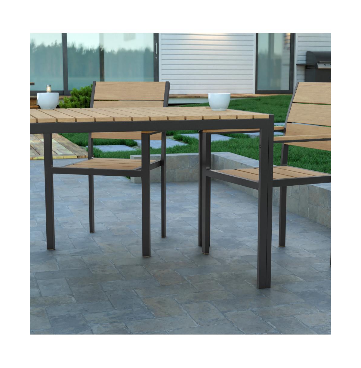 Fena X Outdoor Dining Table With Faux Teak Poly Slat Top And Metal Frame -gray frame
