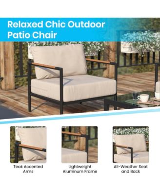 Eastport Outdoor Accent Chair With Removable Plush Fabric Cushions And Teak Accented Aluminum Frame