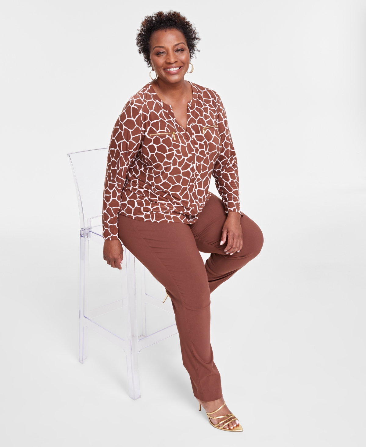 I.n.c. International Concepts Plus Size Animal-Print Zip-Pocket Blouse, Created for Macy's