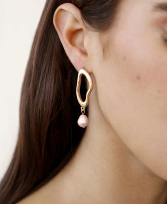Open Circle 18k Gold Plated and Pink Freshwater Pearl Dangle Earrings