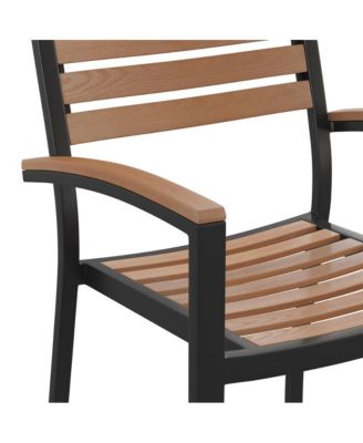 Set Of Two Aluminum Stacking Chairs With Faux Teak Slatted Back And Seat And Faux Teak Accented Arms