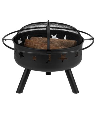 Round Wood Burning Sun & Moon Cutout Outdoor Firepit With Mesh Spark Screen