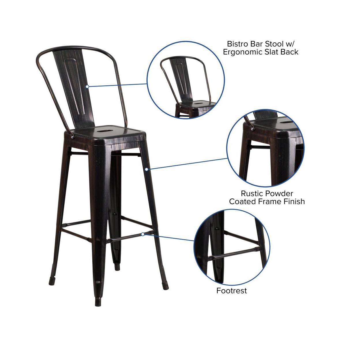 Merrick Lane Dothan Series Metal Stool With Removable Back For Indoor-Outdoor Use - Black-antique gold