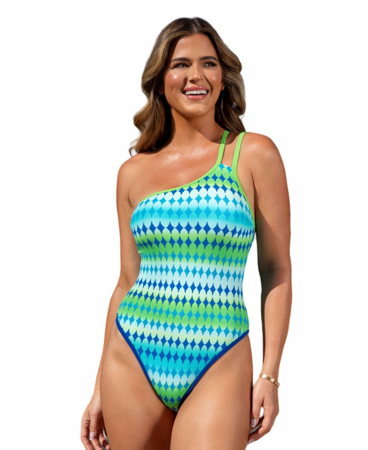 Women's Cupshe X JoJo Diamond Jacquard One-Shoulder One-Piece Swimsuit - Medium green