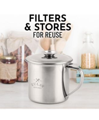 Stainless Steel Bacon Grease Container With Strainer, Lid & Handle