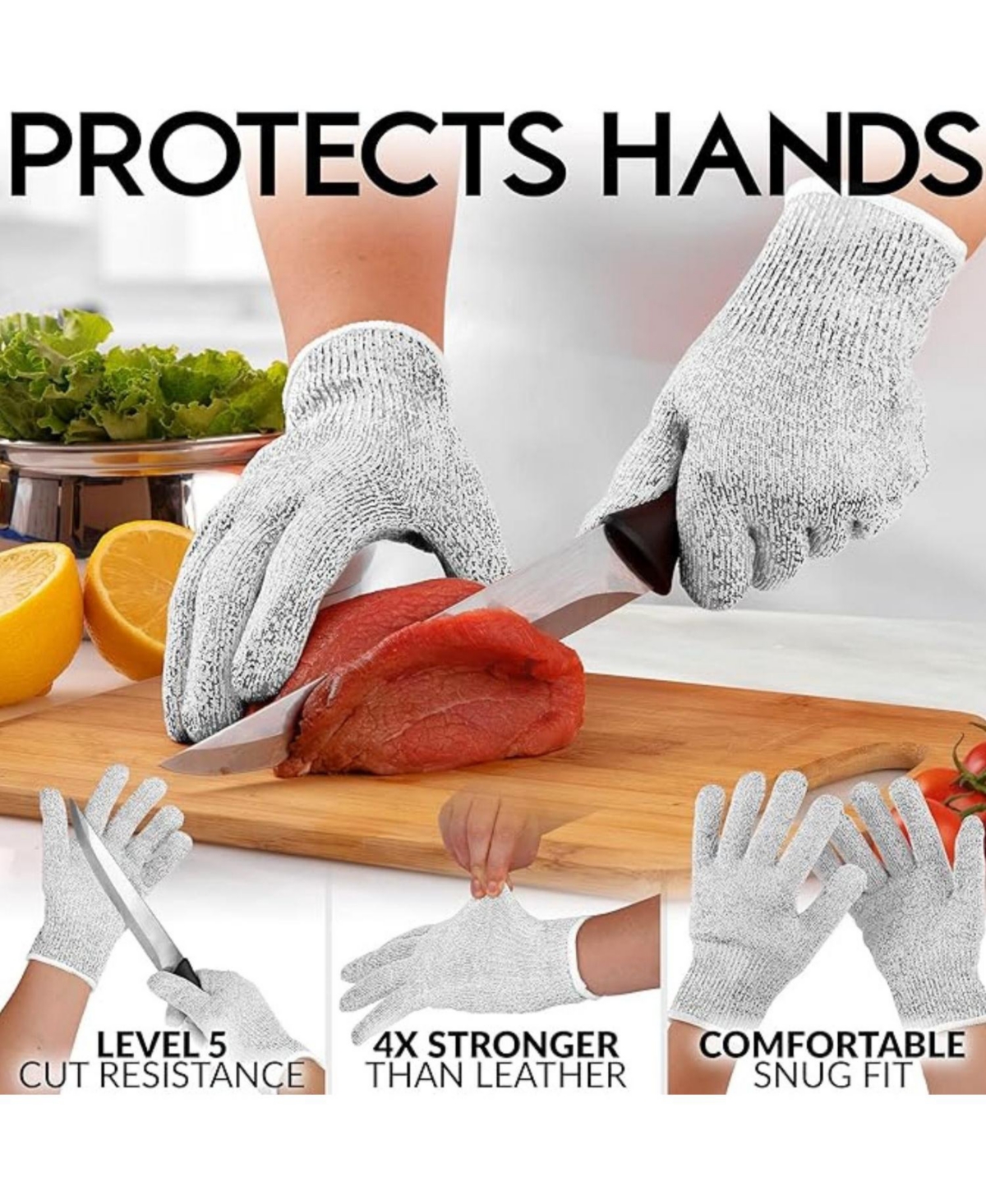 Zulay Kitchen Cut Resistant Gloves Food Grade Level 5 Protection - Comfortable Safety Cut Resistant Work Gloves - Large - Gray