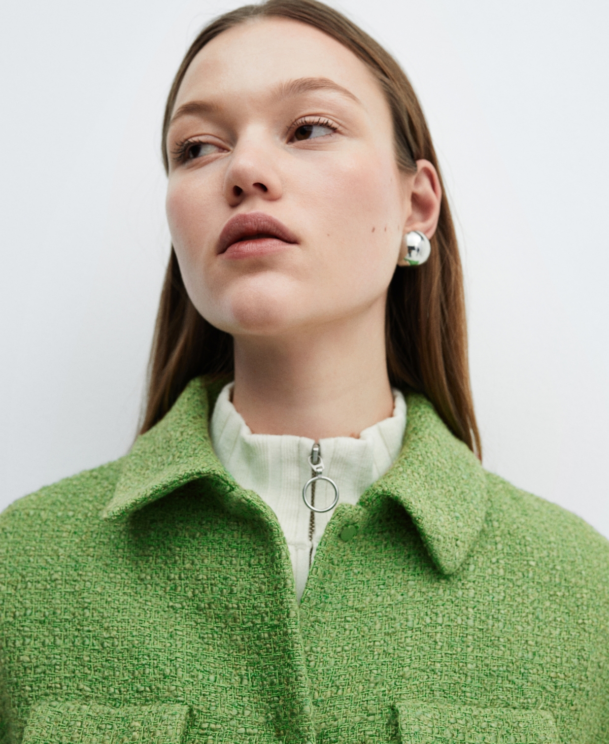Mango Cropped Tweed Jacket With Pockets Green In Green