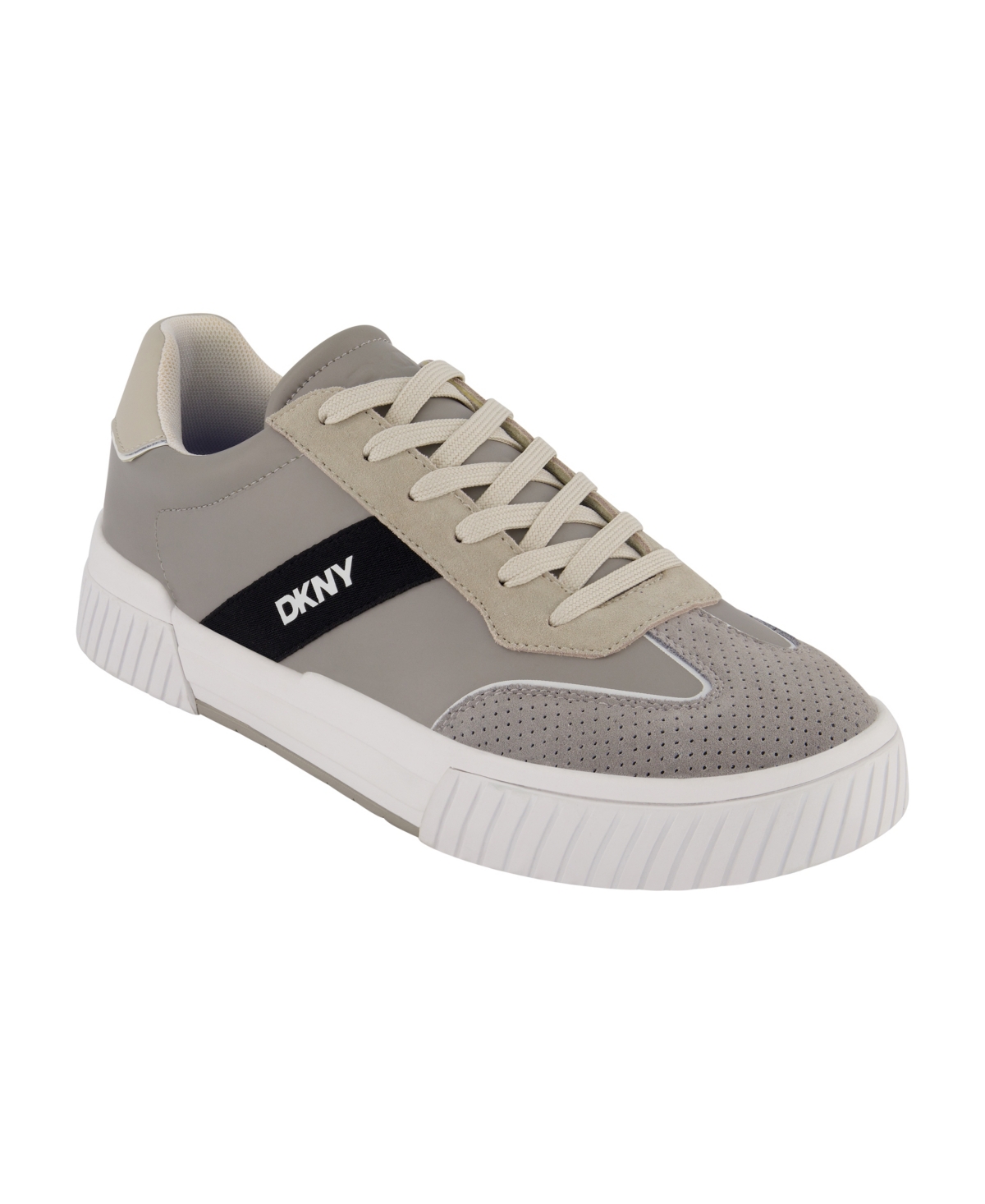 Shop Dkny Men's Side Logo Perforated Two Tone Branded Sole Racer Toe Sneakers In Grey