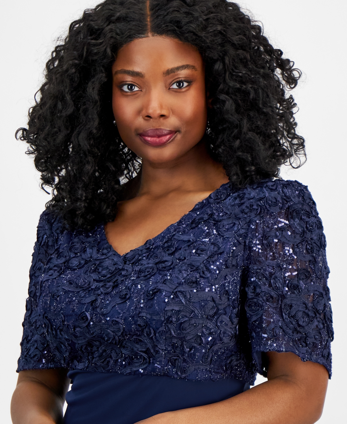Alex Evenings Plus Size Soutache Embellished Short-sleeve Gown In Navy
