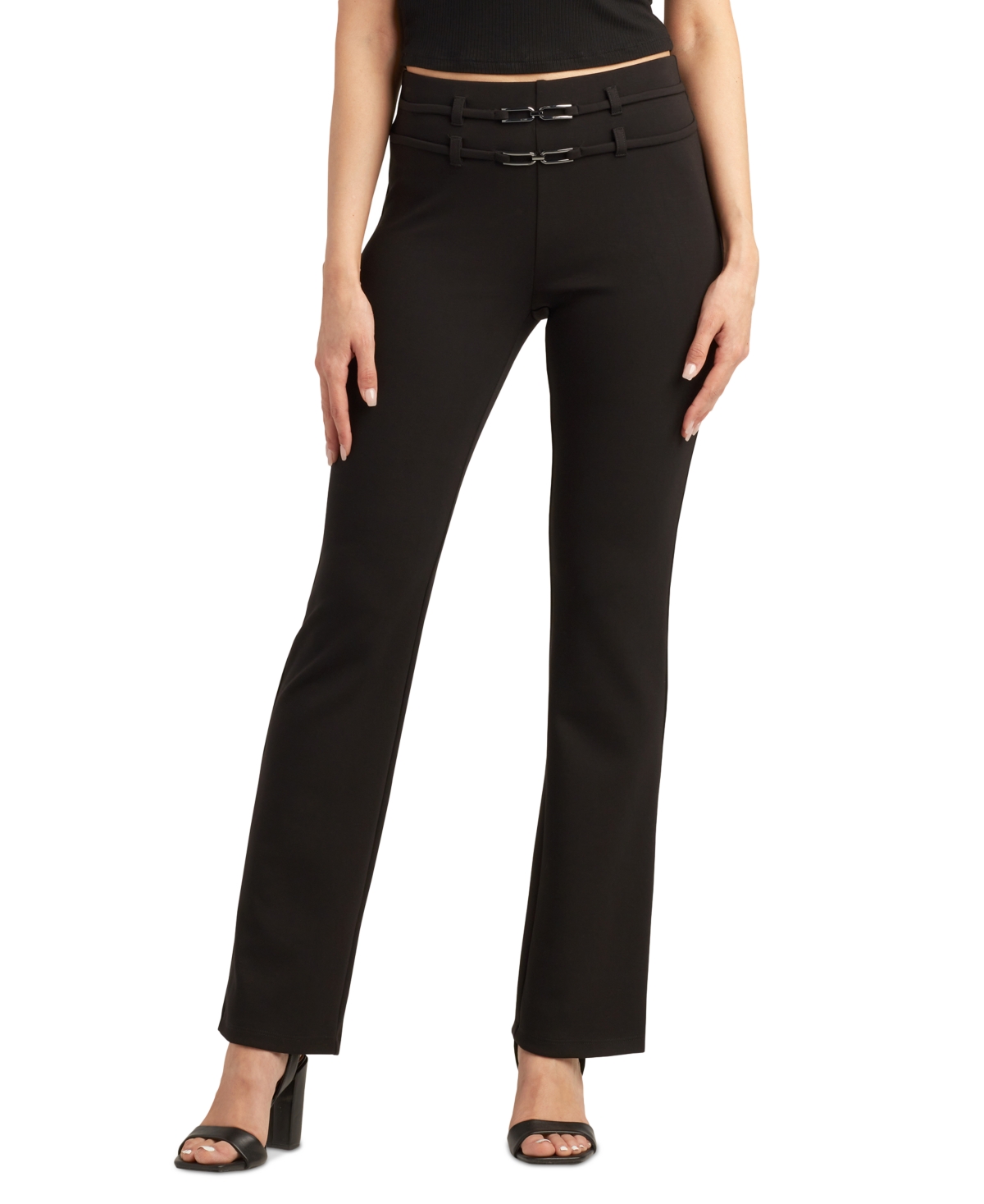 Juniors' Scuba Double-Belt Flared-Leg Ankle Pants - Black