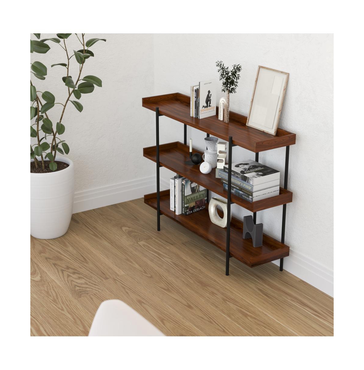 Merrick Lane Madison Industrial Style 3 Tiered Shelving Unit With Metal Frame And Raised Border - 35