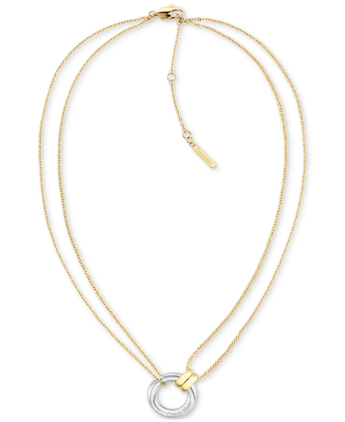 Two-Tone Stainless Steel Logo Ring Layered Pendant Necklace, 16" + 2" extender - Silver