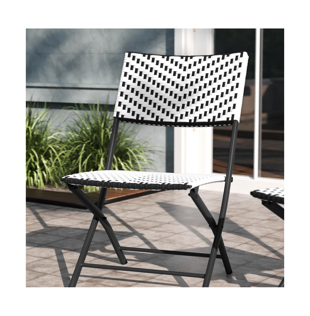 Emma+Oliver Ciel Set Of Two Folding Bistro Chairs In Pe Rattan With Metal Frames For Indoor And Outdoor Use -white