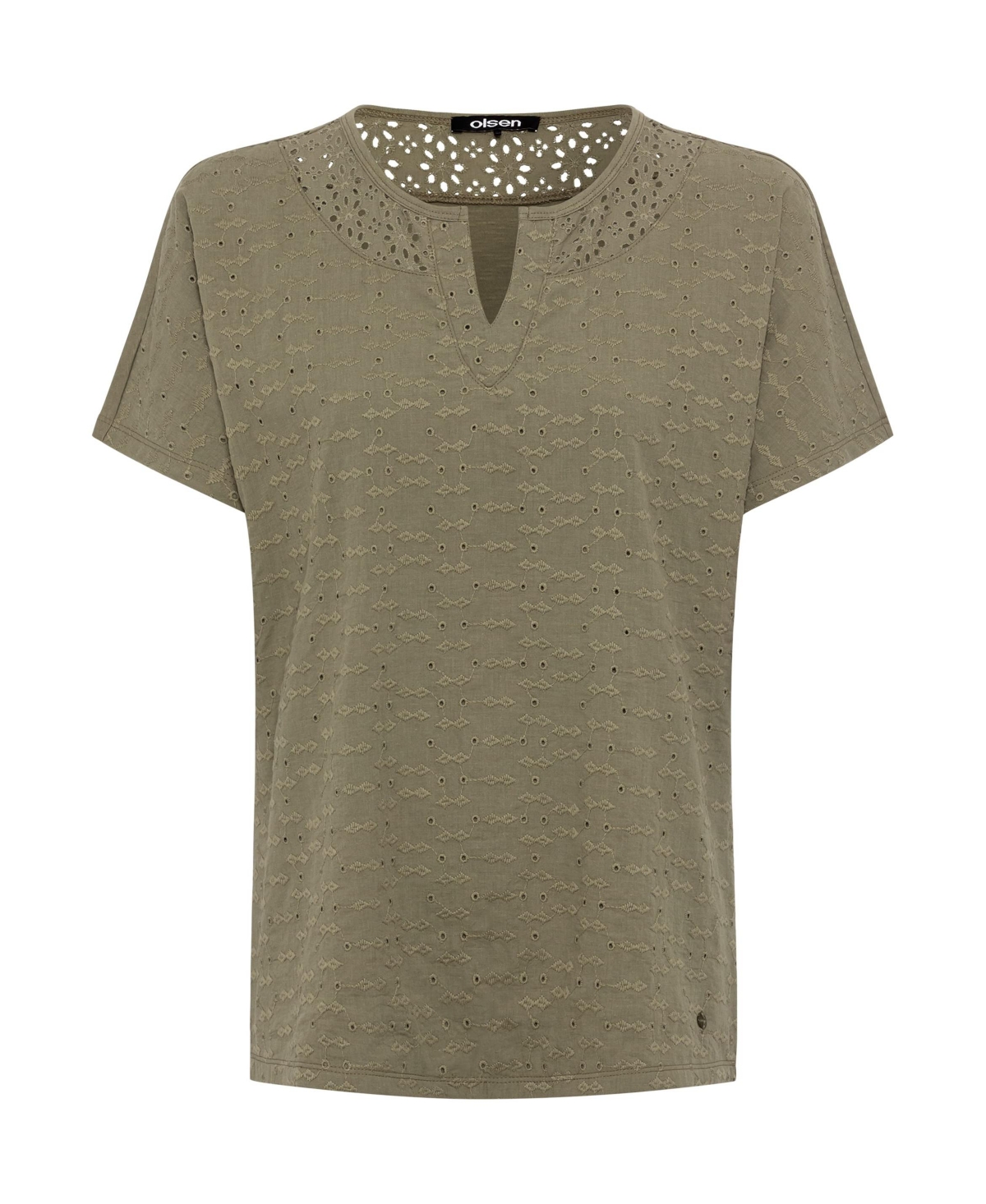Olsen Women's 100% Cotton Short Sleeve Split Neck Eyelet T-Shirt