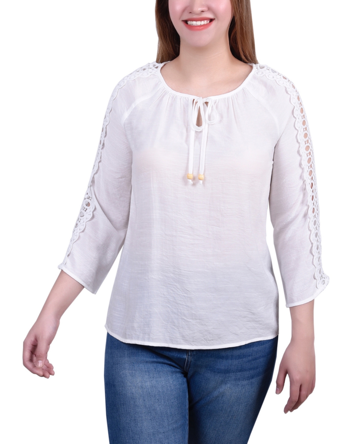 Ny Collection Petite 3/4 Sleeve Tunic With Crochet And Tie Neck In Blue