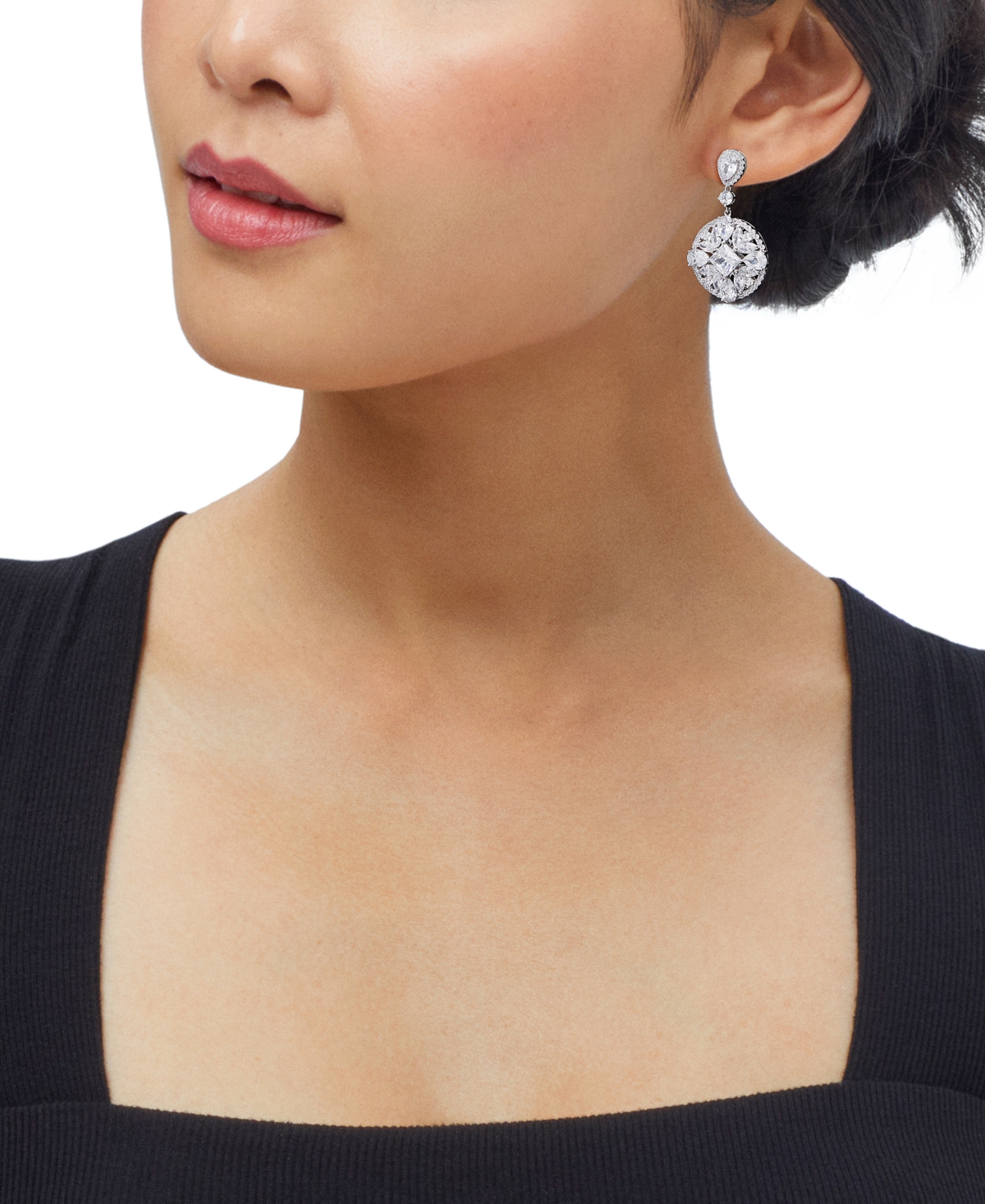 Arabella Cubic Zirconia Mixed Cut Circle Cluster Drop Earrings In Sterling Silver In Silver