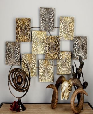 Gold Metal Sunburst Carved Overlapping Square Wall Decor, 43" x 3" x 24"